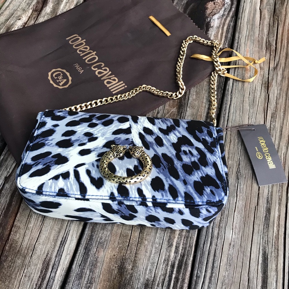 Roberto Cavalli Blue Black White Leopard Print Chain Shoulder Bag